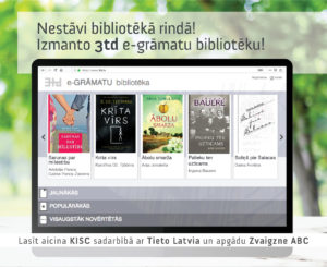 krāsains plakāts. Fons- izplūdušo zaļo koku attēls, vidū - melnais rāmis ar skrīnšotu no 3td.lv mājas lapas. augšā uzraksts - "Nestāvi bibliotēkā rindā!. Izmanto 3td e-grāmatu bibliotēku!"