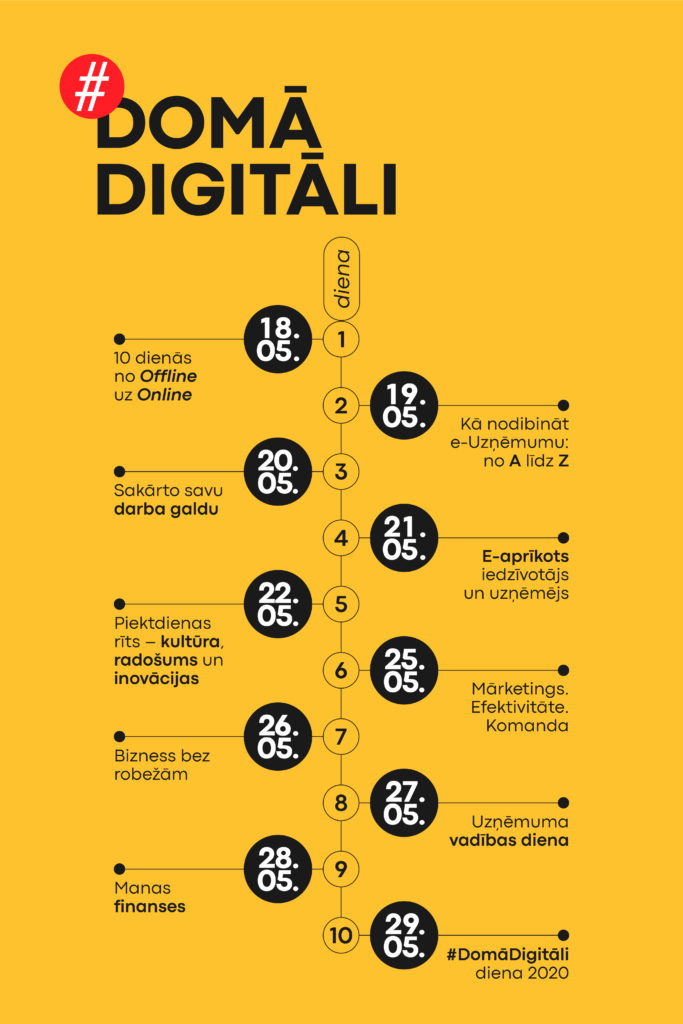 Oktobra mēneša kalendārs dzeltenā krāsā, no 18. līdz 29. datumam, kur katram dienas numuram ir pievienota digitālā tēma vai aktivitāte. Kalendārs ir nosaukts “#DOMA DIGITĀLI”. Piemēri ir online tikšanās, kultūra, e-identitāte, mārketinga inovācijas un digitālās finanšu pārvaldības padomi. Dizains izmanto melno un dzelteno krāsu kombināciju ar baltu tekstu.