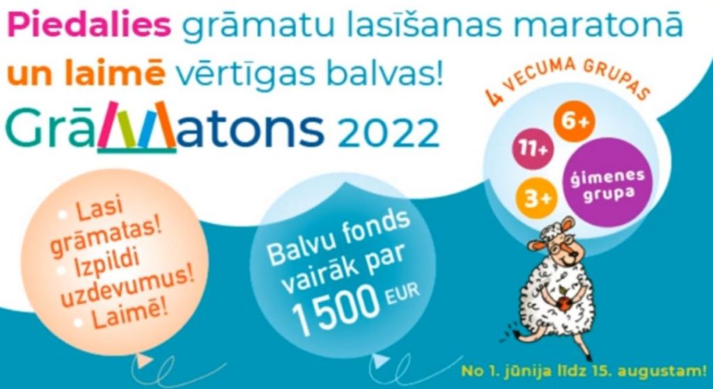 plakāts baltos un gaiši zilos toņos, kas aicina piedalīties grāmatu lasīšanas maratonā ar nosaukumu "Grāmatons 2022". Plakātā ir norādīts, ka, piedaloties maratonā, var laimēt vērtīgas balvas. Plakātā ir attēlots arī auns, kas simbolizē lasīšanu un zināšanu apguvi.