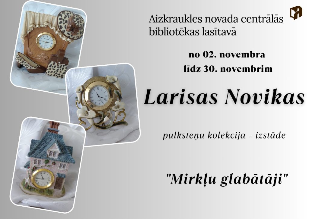 Afiša par Larisas Novikas pulksteņu izstādi ''Mirkļu glabātāji'', fonā pulksteņu attēli.
