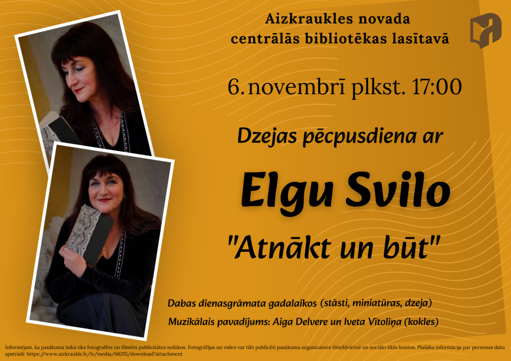 Afiša Elgas Svilo dzejas pēcpusdienai, fonā divi Elgas Svilo foto.