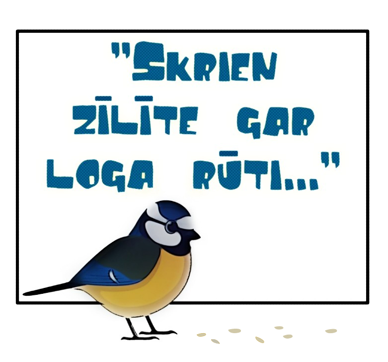 Krāsains zīmējums. Balts fons, zīlīte, uzraksts ar zilo krāsu - "Skrien zīlīte gar loga rūti..."