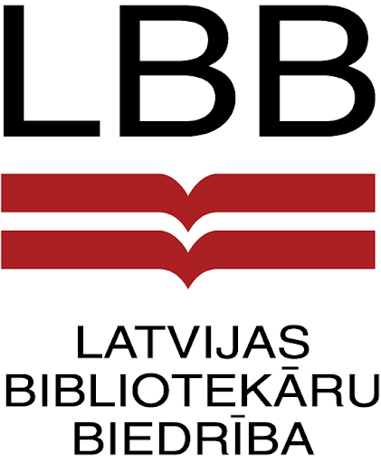 LBB logo. Melnas, treknas burtu akronīmu “LBB” augšpusē, grafisks elements, kas līdzinās atvērtai grāmatai ar sarkanu un baltu joslu vidū (Latvijas karogs), un melnus vārdus “LATVIJAS BIBLIOTEKĀRU BIEDRĪBA” zemāk.