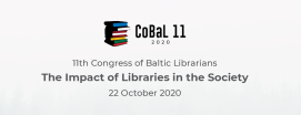 “CoBal 11” logo un teksts, kas saistīts ar notikumu. Logo sastāv no teksta “CoBal 11” ar stilizētu dizainu, kas atgādina grāmatu kaudzi, krāsās līdzīgas tradicionālajam RGB krāsu modelim, blakus gada skaitlim “2020”. Zem logotipa ir teksts angļu valodā "11th Congress of Baltic Librians” ”.