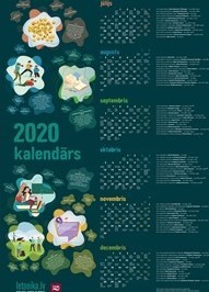 2020. gada kalendārs ar nosaukumu “2020 kalendārs”. Tumši zaļā krāsā. Katrs mēnesis ir attēlots ar unikālu, krāsainu ilustrāciju, kas izskatās kā stilizēts cilvēku darbības zīmējumi. Kalendārs ir izkārtots ar nedēļas dienām un datumiem, kas sakārtoti režģī katram mēnesim.