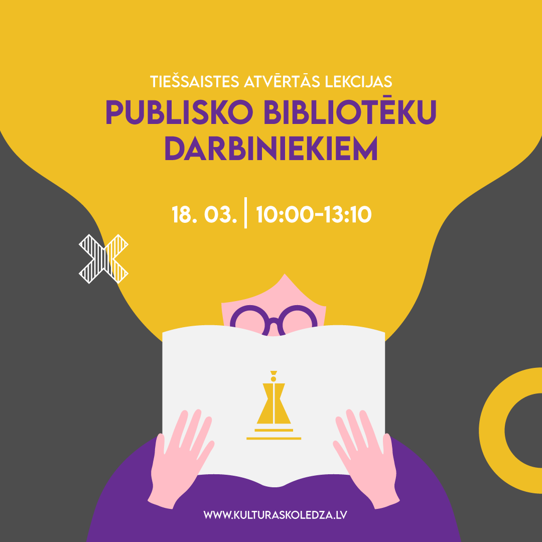 Zīmētais posts Tiešsaistes atvērtās lekcijas publisko bibliotēku darbiniekiem 18.03., Sieviete ar brillēm tur rokās atvērtu lapu.