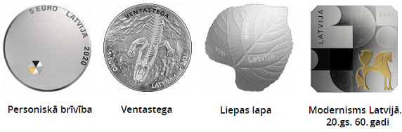 Uz baltā fonā sarindotās četras dažādas Latvijas sudraba monētas.