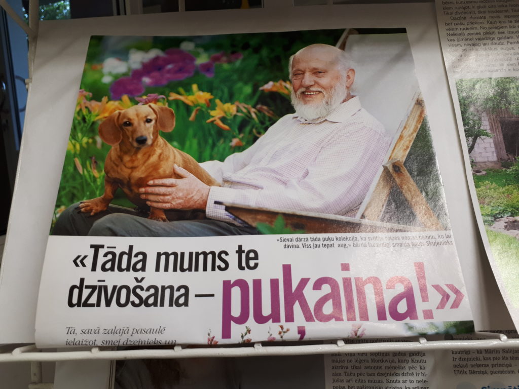 Žurnāla atvērta lapa uz raksta "Tāda mums te dzīvošana - puķaina!". K.Skujenieka attēls ar suni klēpī (rudais taksis) dārzā.