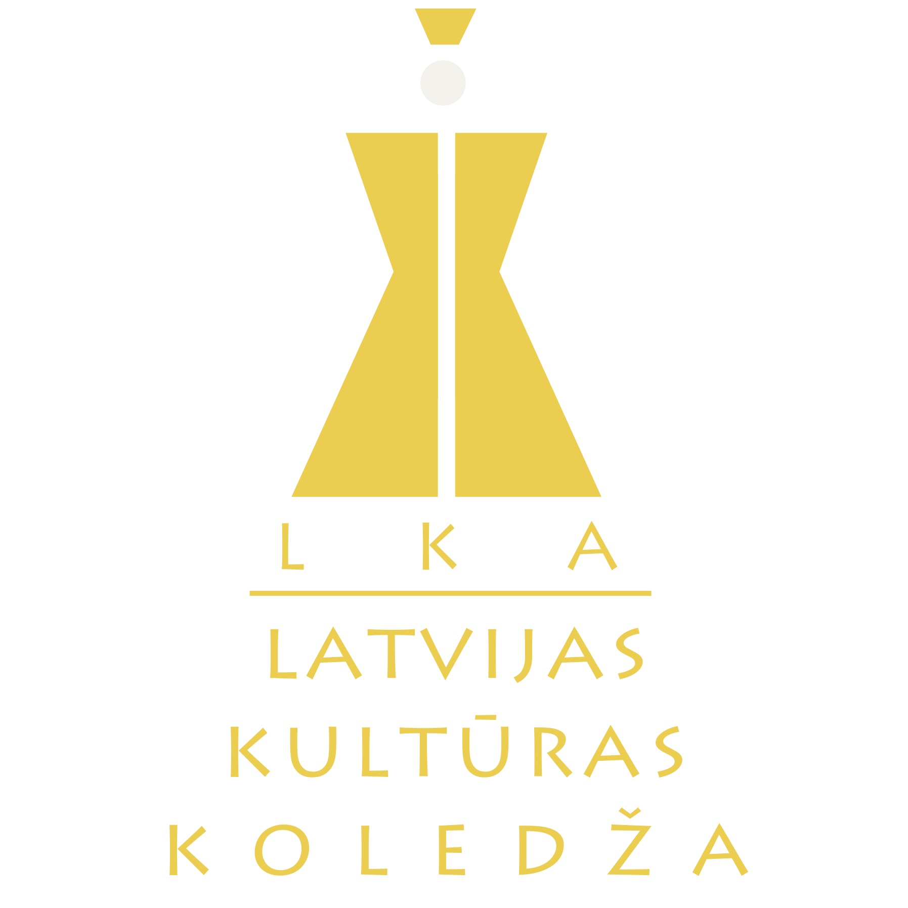 Krāsains attēls. Uz balta fona dzeltens logo Latvijas Kultūras koledžas