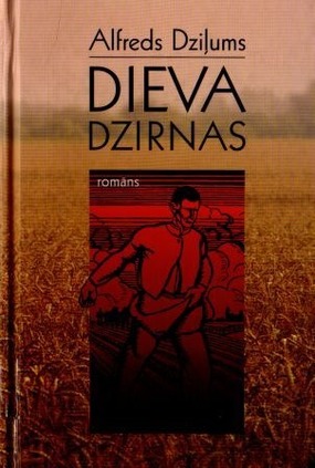 grāmatas vāka ilustrācija ar nosaukumu “Dieva dzirnas” autors Alfreds Dziļums. Vāks attēlo figūras sarkanās toņos uz fona, kas izskatās kā kviešu lauks.