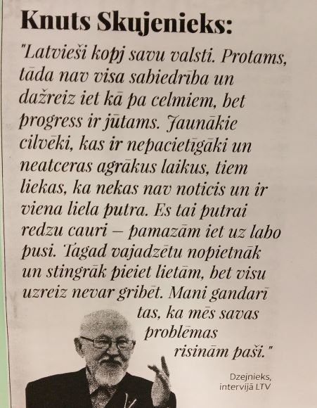 laikraksta vai žurnāla izgriezums latviešu valodā,- Knuta Skujenieka citāts. Fotogrāfijā redzamā cilvēka seja