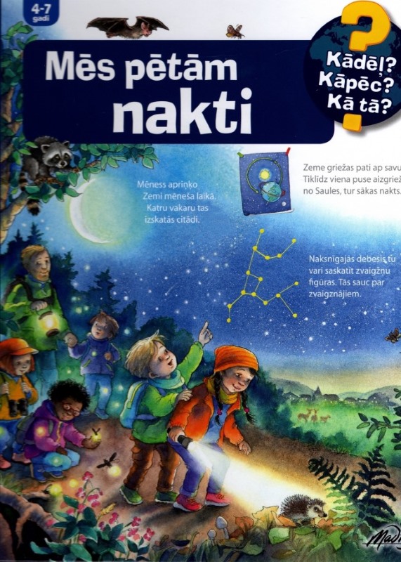 Grāmatas "Mēs pētām nakti" vāki. Krāsains zīmējums, bērni ar lukturīšiem pēta meža taku, debesīs zvaigznāji