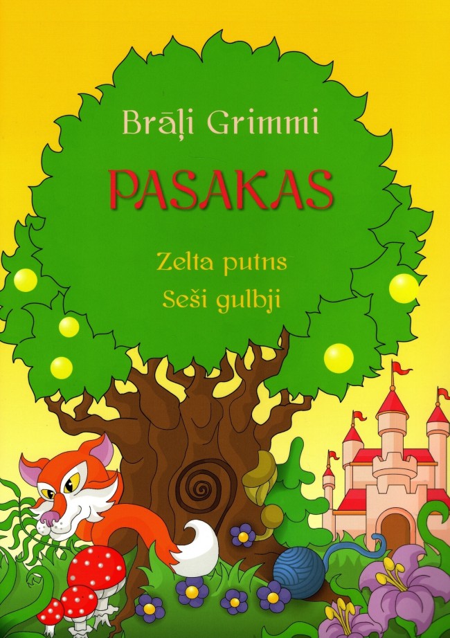 Grāmatas Brāļi Grimmi "Pasakas" vāki. Krāsains zīmējums, kupls koks, tāluma pils, pie koka lapsa