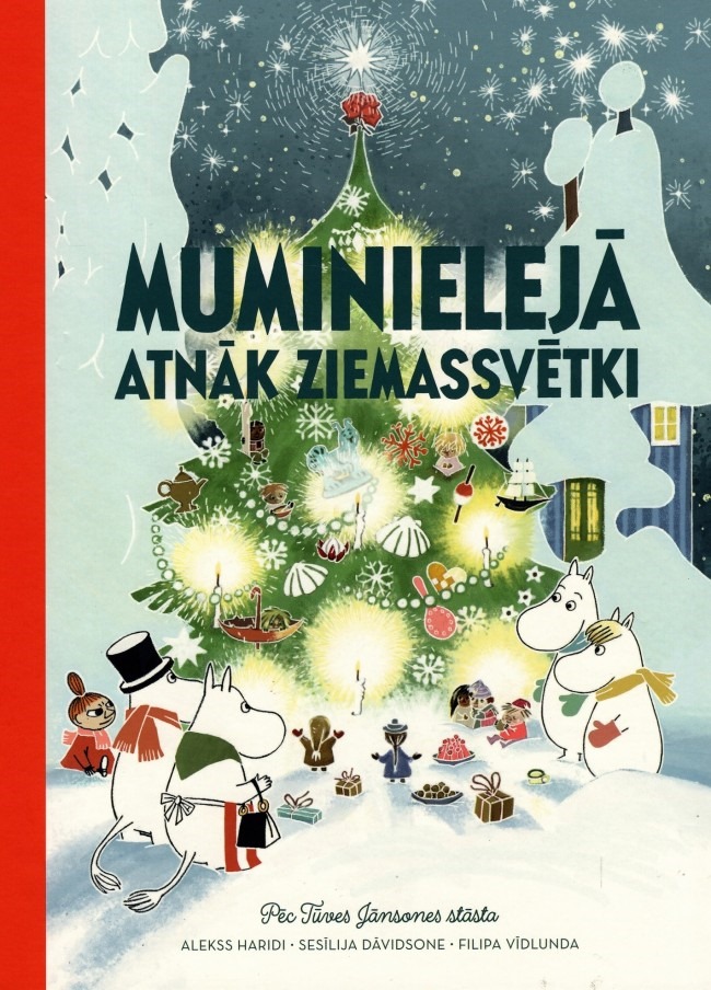 Grāmatas A.Harid "Muminielejā atnāk Ziemassvētki" vāki. Krāsains zīmējums - Mumini stāv apkārt izrotātāj eglei.