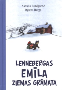 Grāmatas A.Lindgrēne "Emīla ziemas grāmata" vāki. Krāsains zīmējums - pa sniegu brist meitene ar puiku, viņi tur pītu grozu, tālumā māja