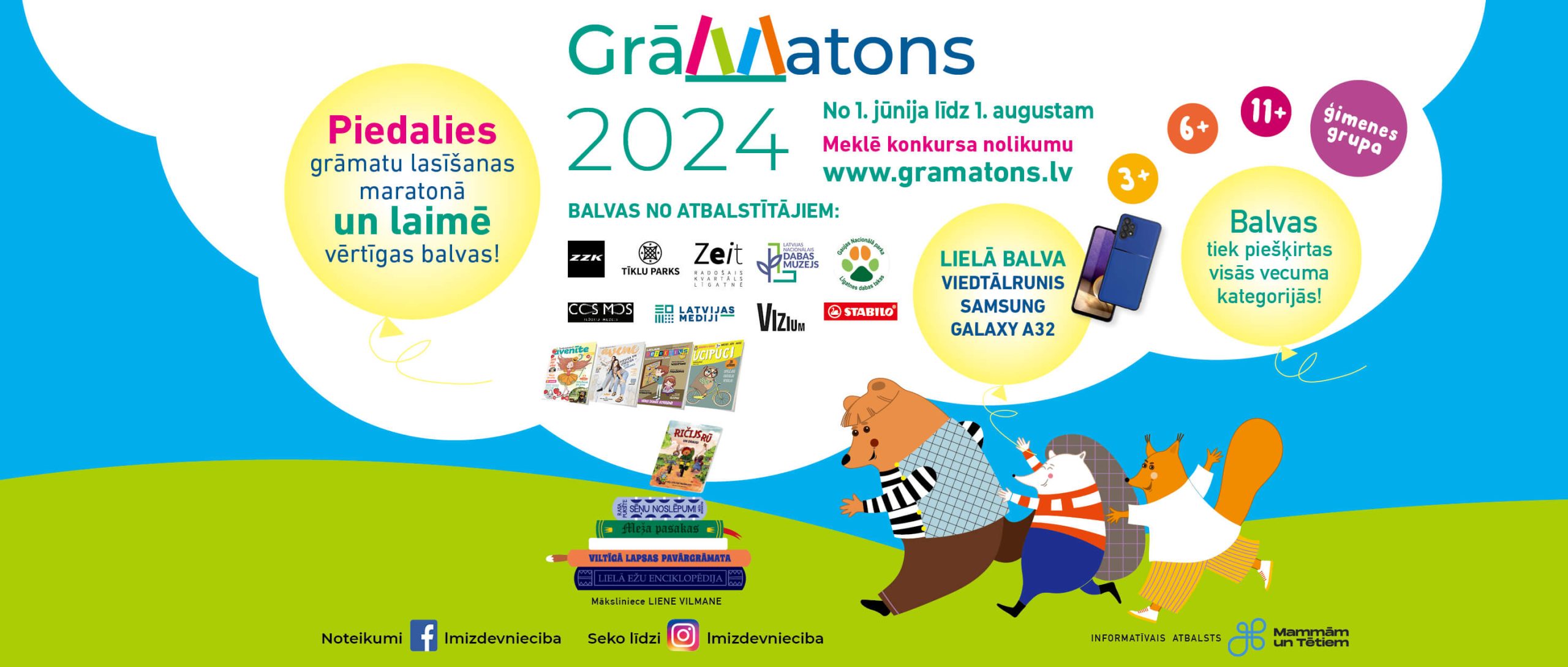 Reklāmas plakāts par lasīšanas maratonu “Grāmatu lasīšanas maratons 2024”. Tas ietver dažādus elementus: grāmatas, karikatūras zvēriņu, kas skrien ar grāmatu, numurētus soļus no viena līdz sešiem, kas izskaidro dalības procesu, un balvas, tostarp planšetdatoru un grāmatas.