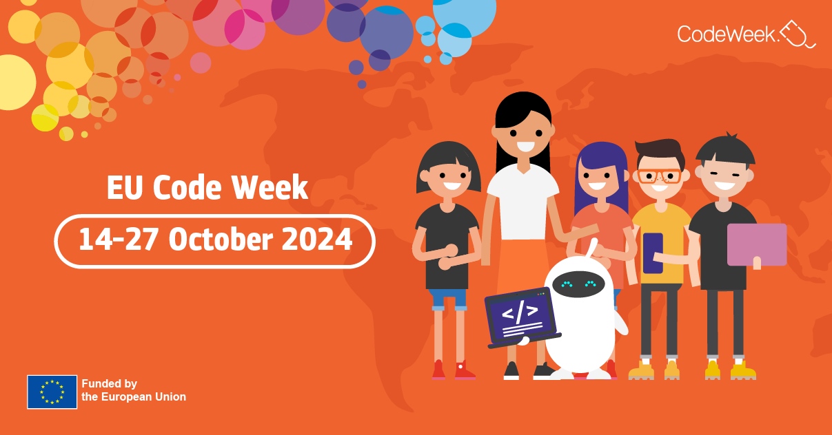 digitāla grafika, kas reklamē “EU Code Week” no 14. līdz 27. oktobrim 2024. Tajā ir pieci stilizēti tēli, kuri mijiedarbojas ar dažādām ierīcēm, piemēram, klēpjdatoru, virtuālās realitātes brillēm un robotu. Oranžais Fons ir dekorēts ar baloniem un kodēšanas simboliem, radot svinīgu atmosfēru.