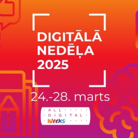 Sarkana krāsā fons, pa vidu ar balto uzraksts: Digitālā nedēļa 2025 24.-28.marts