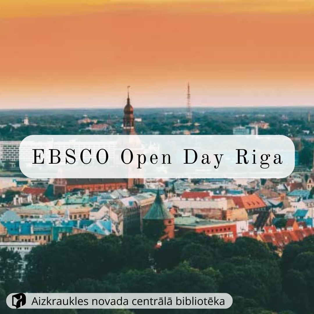 Krāsains attēls Rīgas , skats no augšas, redzami vecās pilsētas torņi. Oranžas debesis. Uzraksts pavidū - "EBSCO Open Day Riga"