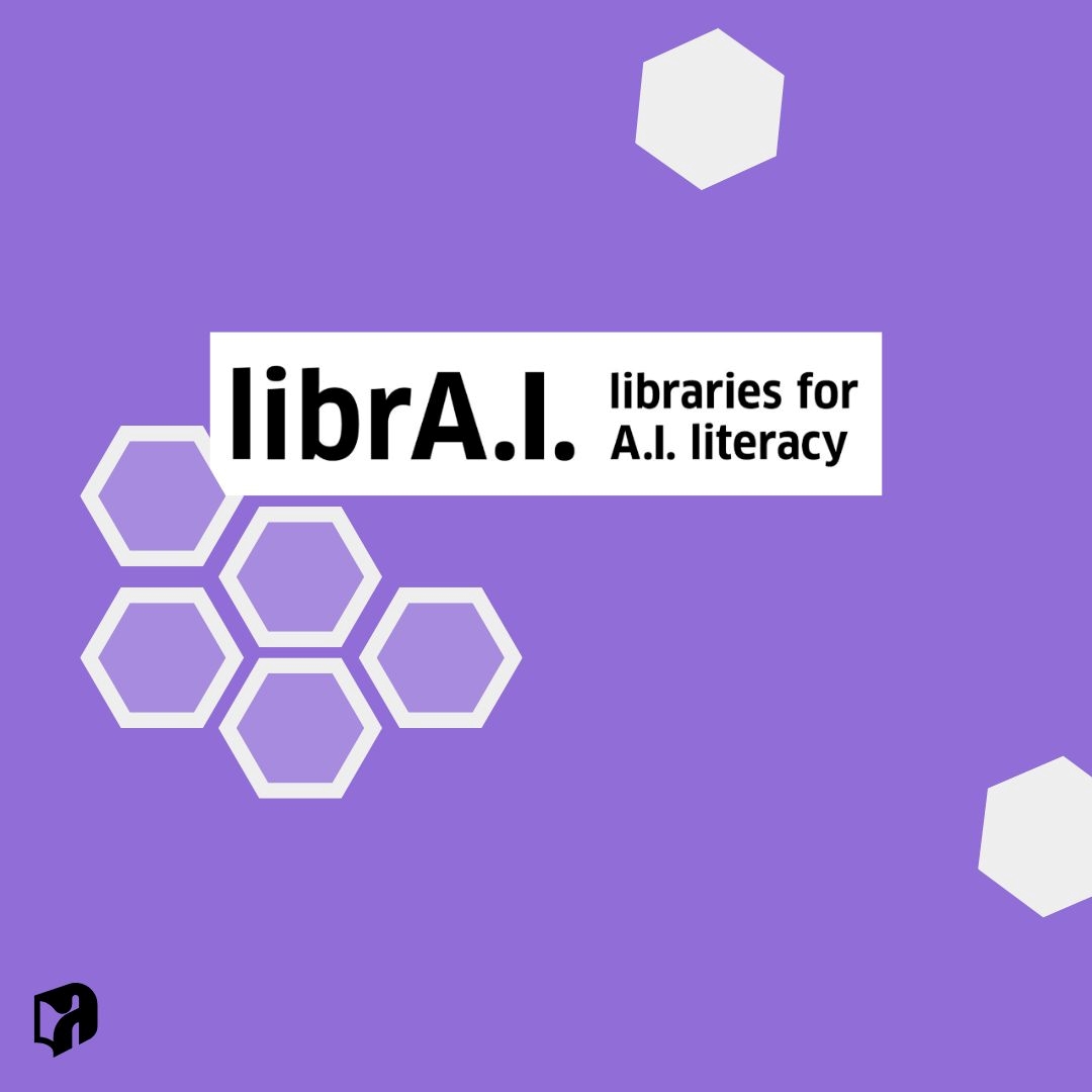 Uz gaiši violeta fona, uz baltā rakstīts- "LibraA.I. libraries for A.I.literacy". Vēl uz fona daži gaiši šūnu veida elementi