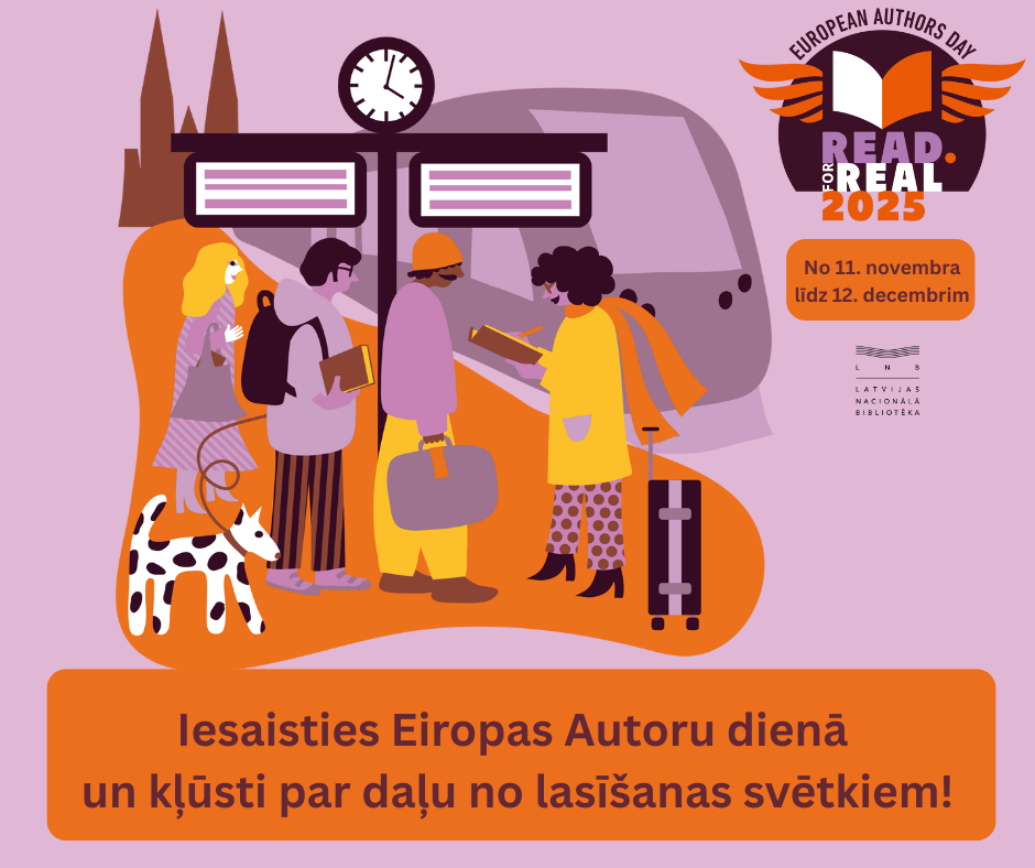 Grafiski veidots plakāts. kur redzami cilvēki dzelzceļa stacijā, kuri lasa grāmatas un sarunājas, fonā redzams vilciens un pulkstenis. Attēls veidots siltās, spilgtās krāsās, un tajā redzams aicinājums: “Iesaisties Eiropas Autoru dienā un kļūsti par daļu no lasīšanas svētkiem!”. Tas reklamē Eiropas autoru dienu, ko atzīmē no 11. novembra līdz 12. decembrim, ar Latvijas Nacionālās