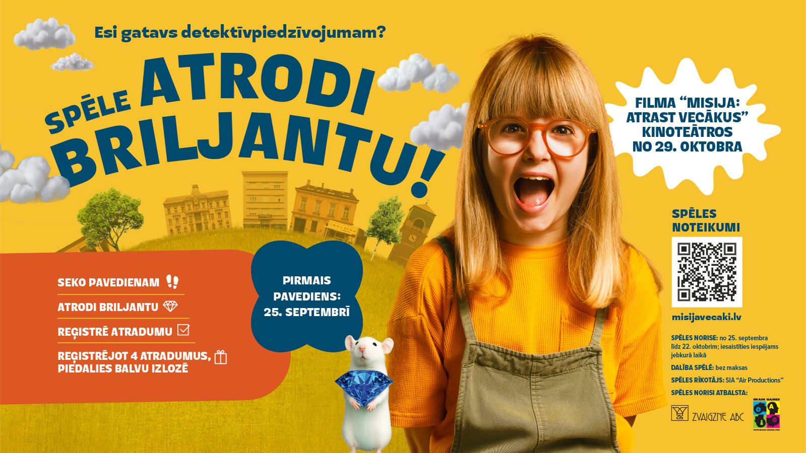 Attēlā redzama ļoti priecīga meitene, viņa nēsā brilles, dzeltenu T-kreklu un zaļu formu uz lencēm. Fonā redzama maza pilsētiņa, mākoņi un blakus balta pele ar zilu briljantu.